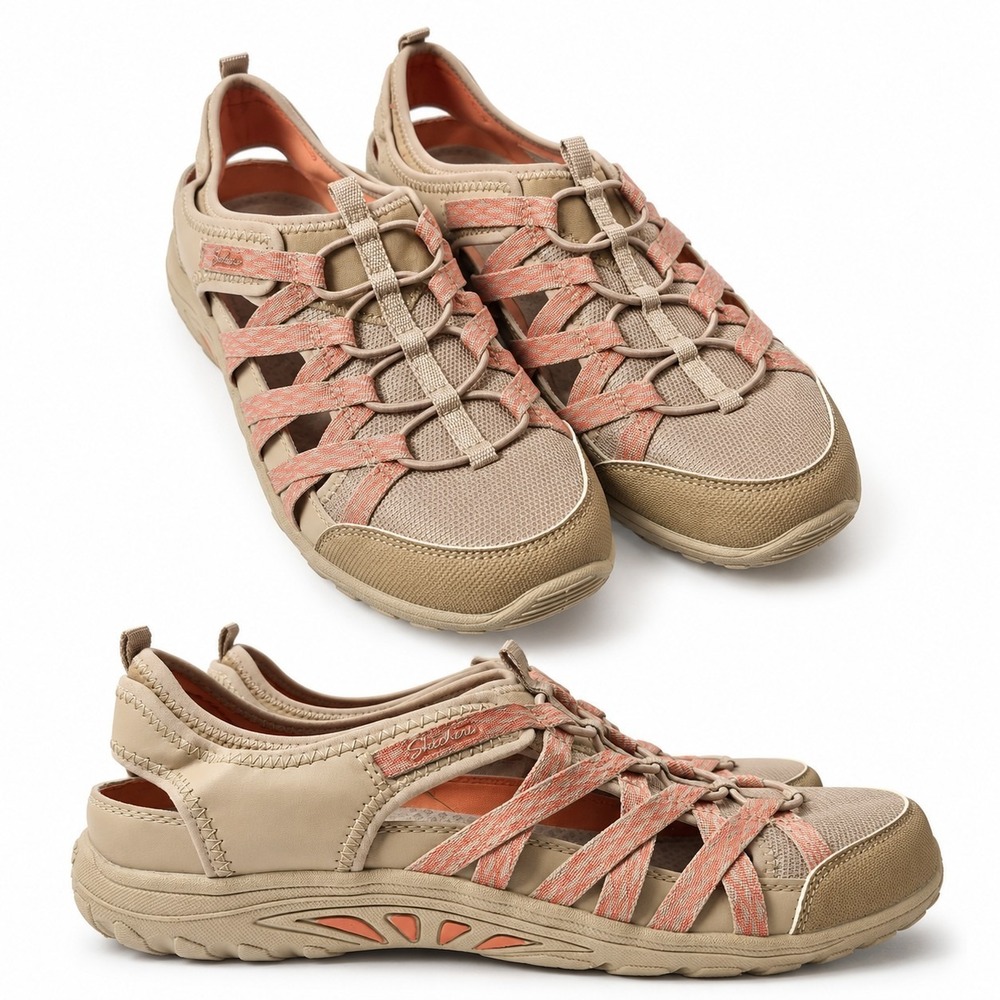 SKECHERS Reggae Fest Squirt Trail Sandal Women Sz 9.5 Beige Pink Fisherman GUC